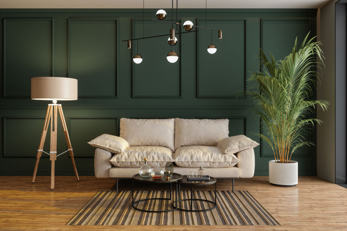 Modern Living Room Interior With Sofa, Floor Lamp, Potted Plant And Green Wall